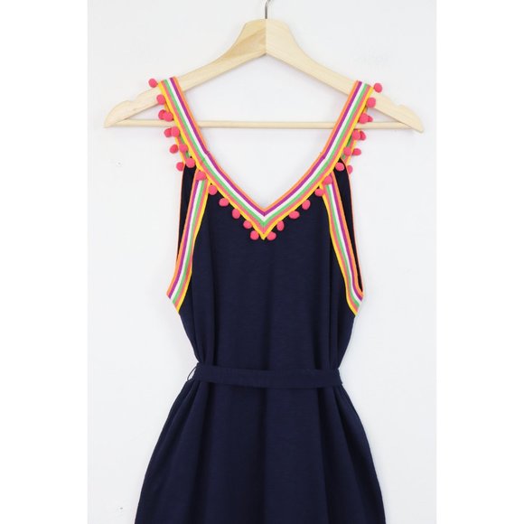 NWT Boden Pom Pom Trim Jersey V-Neck Dress Sleeveless Woven Stripe Navy Marine 8 - Picture 9 of 9